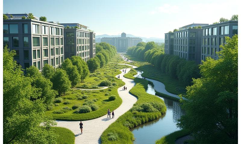 Green corporate campus with modern office buildings