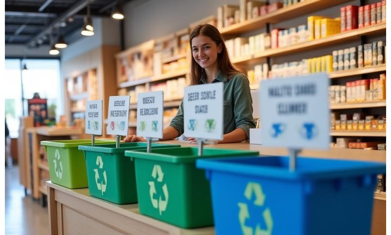 Interior of a sustainable retail store with visibly sorted waste bins